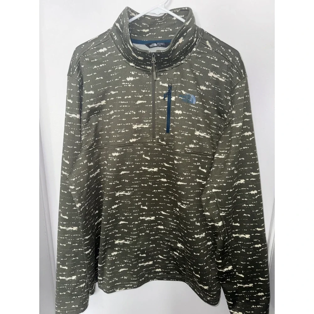 The North Face Mens XL Quarter Zip Fleece Pullover Olive Green Glitch Print